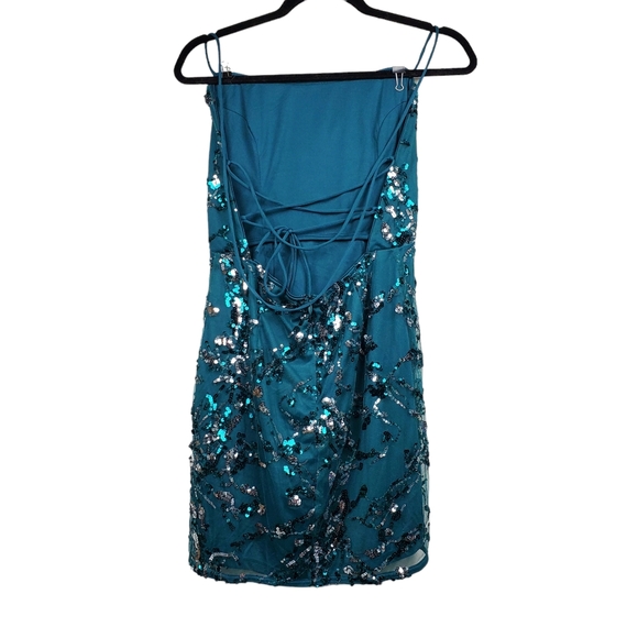 Lulu's Womens Sleeveless Teal Green Sequin Lace Up Mini Dress Size L NWT - Picture 6 of 7